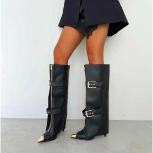 Siyah Deri Önden Gold Fermuarlı Çizme