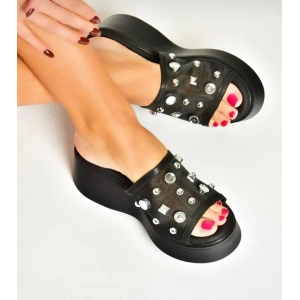 Siyah File Taşlı Dolgu Terlik