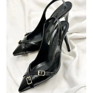 Siyah Rugan Kırışık Deri Stiletto