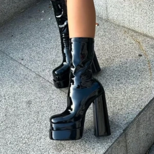 Siyah Rugan Streç Kalın Topuk Bot