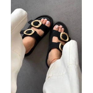 Siyah Süet Gold Detaylı Terlik