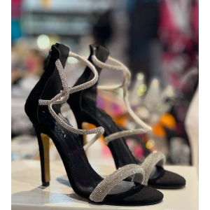 Syah Süet Özel Taş Bantlı Topuklu