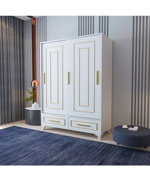 Asu 2 Kapaklı Sürgülü Lüx Tasarımlı 2 Çekmeceli Gardırop Dolap-Beyaz