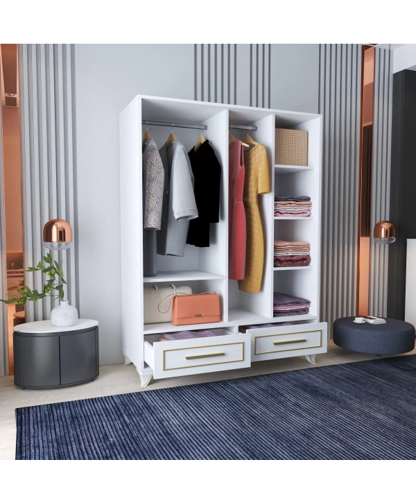 Asu 2 Kapaklı Sürgülü Lüx Tasarımlı 2 Çekmeceli Gardırop Dolap-Beyaz