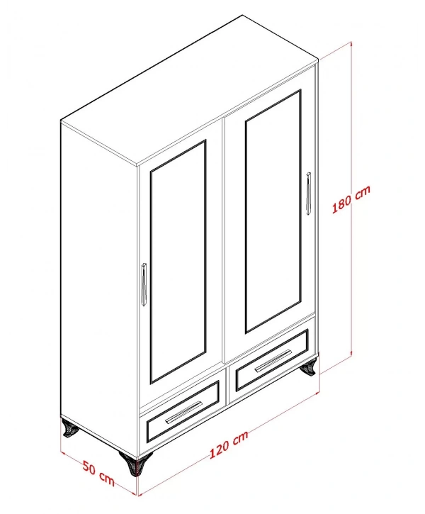 Asu 2 Kapaklı Sürgülü Lüx Tasarımlı 2 Çekmeceli Gardırop Dolap-Beyaz