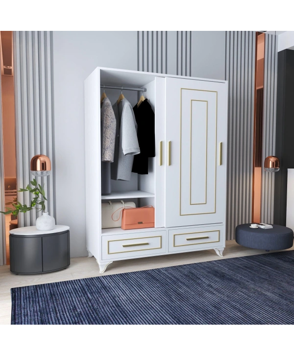Asu 2 Kapaklı Sürgülü Lüx Tasarımlı 2 Çekmeceli Gardırop Dolap-Beyaz