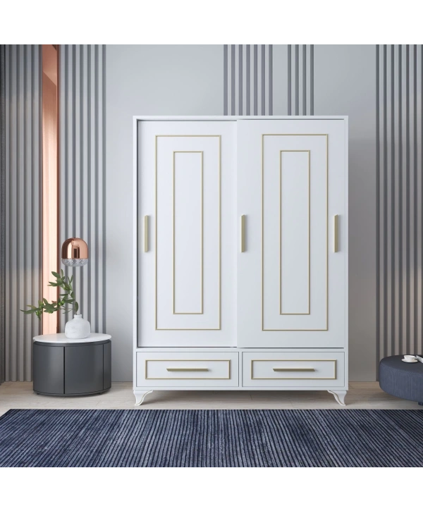 Asu 2 Kapaklı Sürgülü Lüx Tasarımlı 2 Çekmeceli Gardırop Dolap-Beyaz