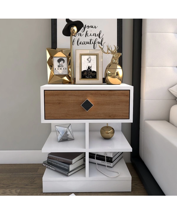 Asya Tek Çekmeceli Raflı Komidin-Beyaz Meşe