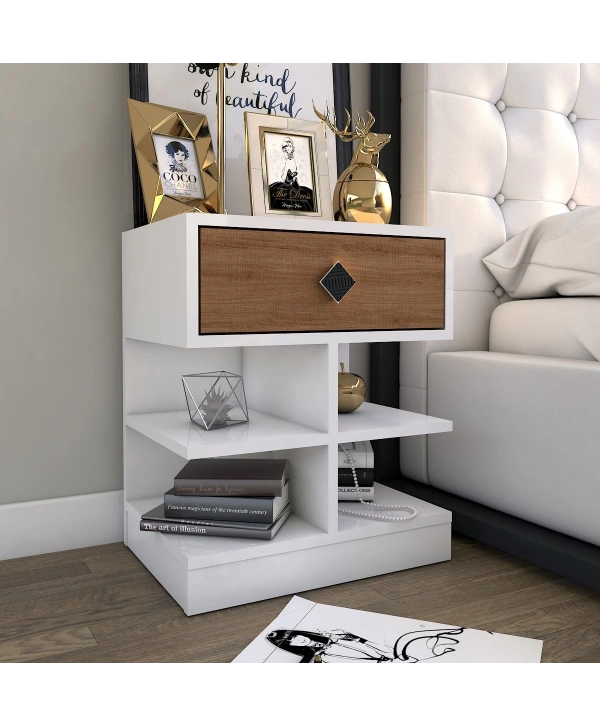 Asya Tek Çekmeceli Raflı Komidin-Beyaz Meşe