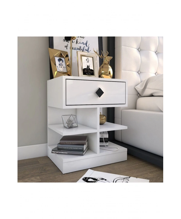 Asya Tek Çekmeceli Raflı Lüx Komidin-Beyaz