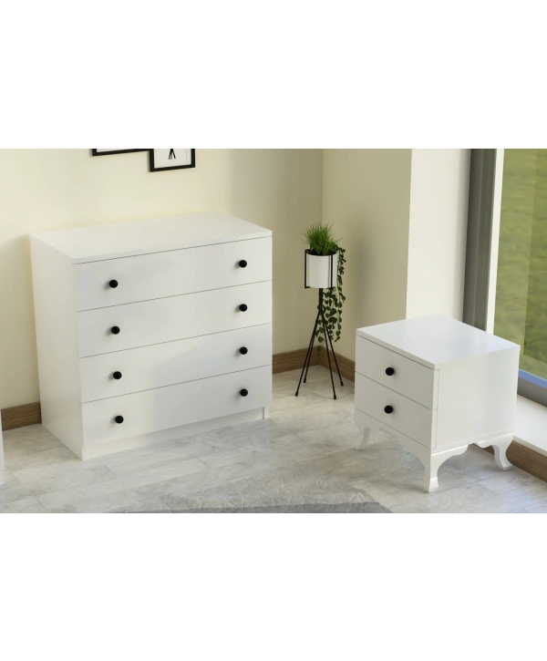 Buse 4 Kapaklı 2 Çekmeceli Gardırop Şifonyer Komidin Takımı-Beyaz