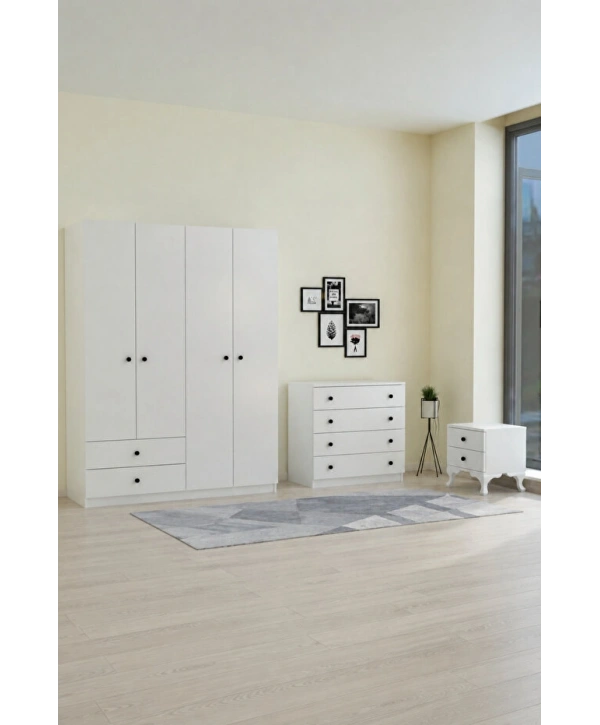 Buse 4 Kapaklı 2 Çekmeceli Gardırop Şifonyer Komidin Takımı-Beyaz