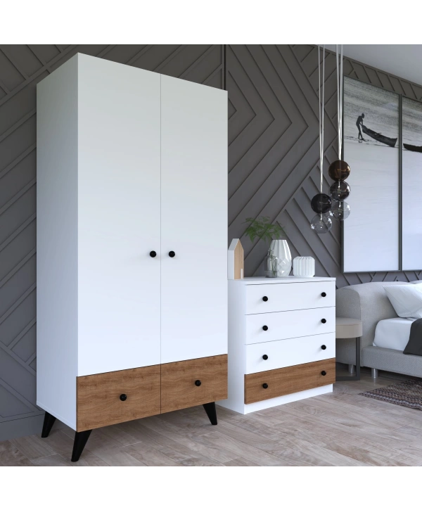 Cansu 2 Kapaklı Çekmeceli Gardırop Şifonyer Takımı-Beyaz Meşe