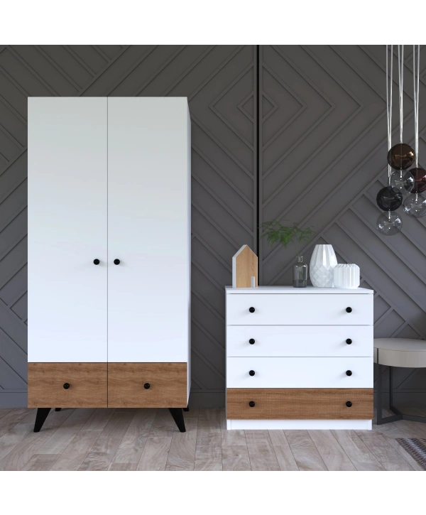 Cansu 2 Kapaklı Çekmeceli Gardırop Şifonyer Takımı-Beyaz Meşe