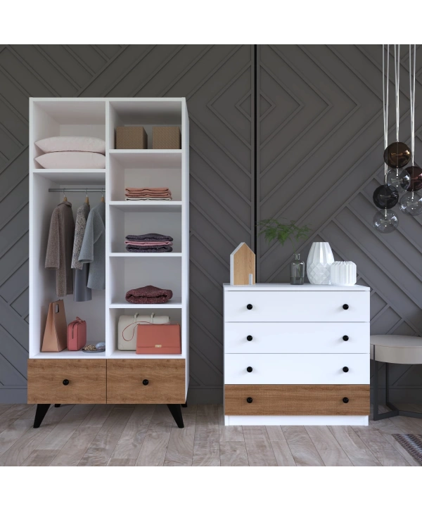 Cansu 2 Kapaklı Çekmeceli Gardırop Şifonyer Takımı-Beyaz Meşe