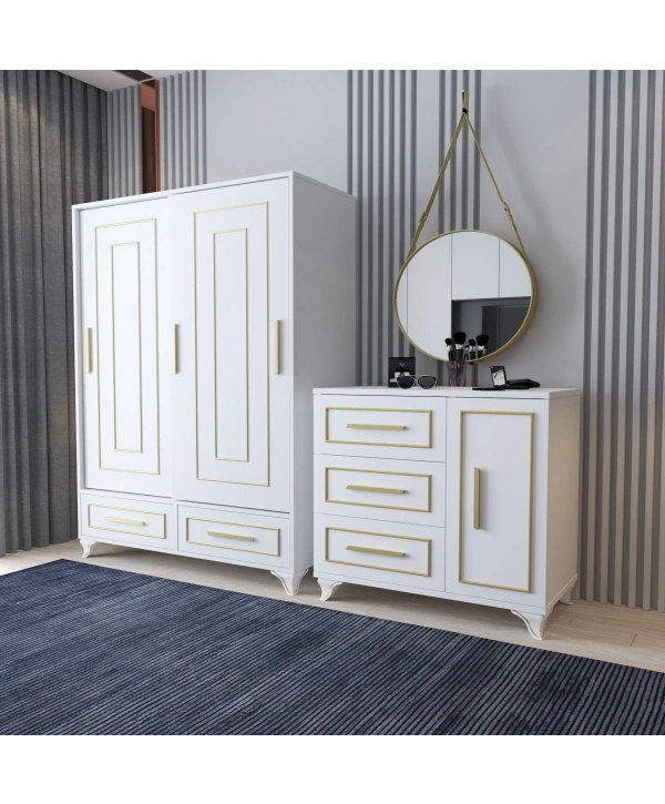Ceren 2 Kapaklı Çekmeceli Gardırop Şifonyer Takımı-Beyaz