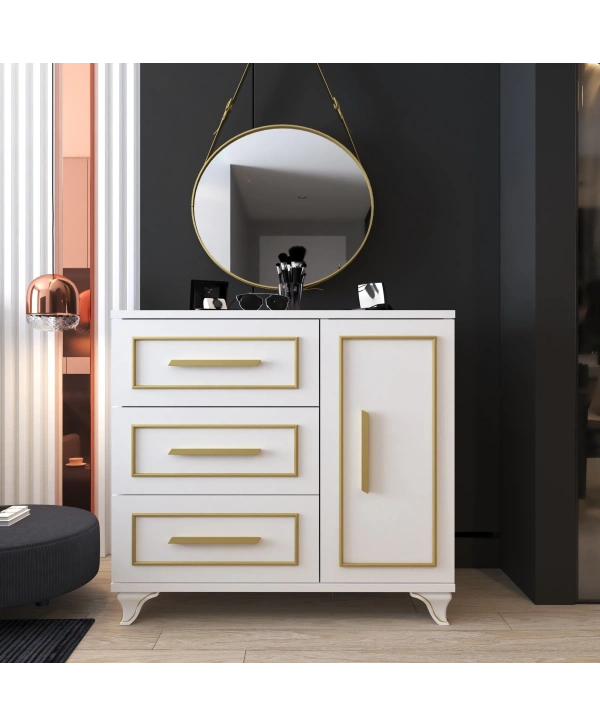 Demet 3 Çekmeceli Kapaklı Lüx Şifonyer-Beyaz Gold