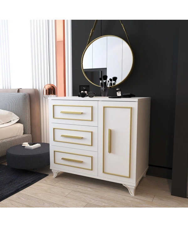 Demet 3 Çekmeceli Kapaklı Lüx Şifonyer-Beyaz Gold