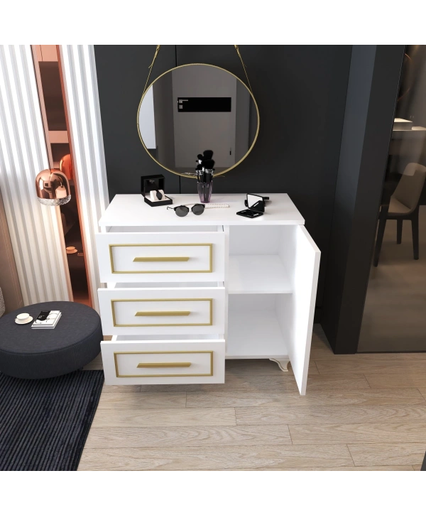 Demet 3 Çekmeceli Kapaklı Lüx Şifonyer-Beyaz Gold