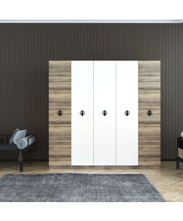 Dilan 5 Kapaklı Askılıklı Raflı Bölmeli Country Gardırop-Beyaz Meşe