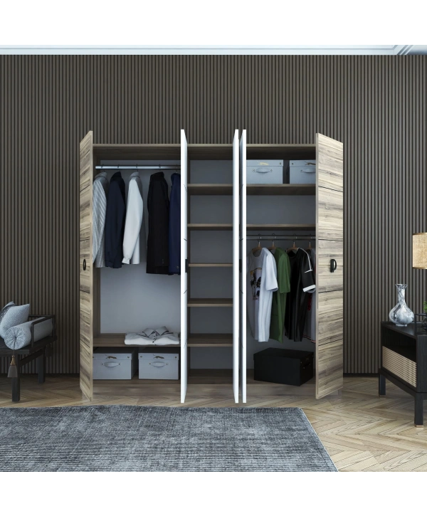 Dilan 5 Kapaklı Askılıklı Raflı Bölmeli Country Gardırop-Beyaz Meşe