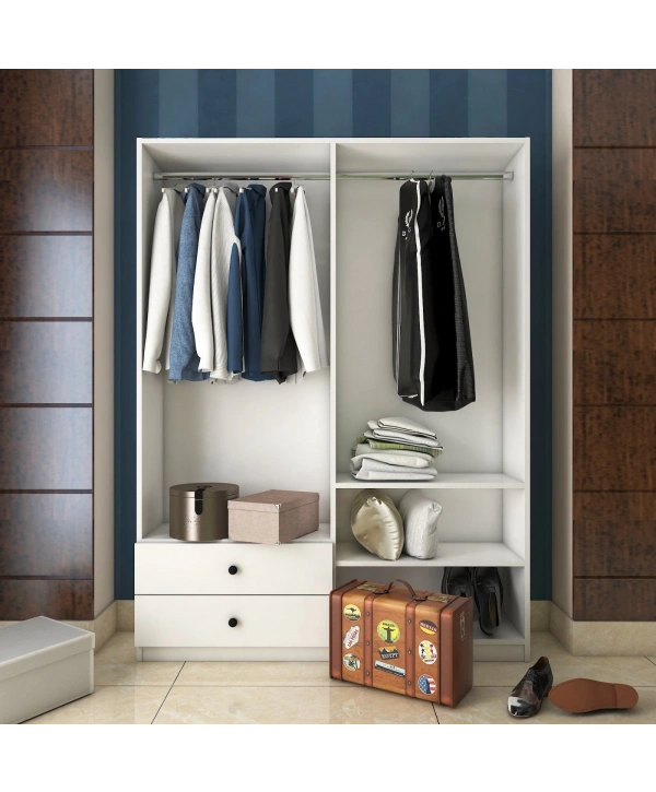 İnci 4 Kapaklı 2 Çekmeceli Askılıklı Gardırop-Beyaz