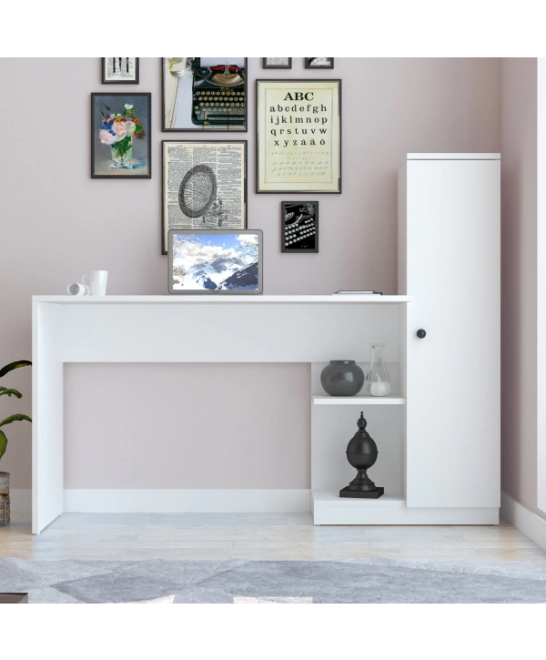 Melis Kitaplıklı Raflı Çok Amaçlı Çalışma Masası-Beyaz