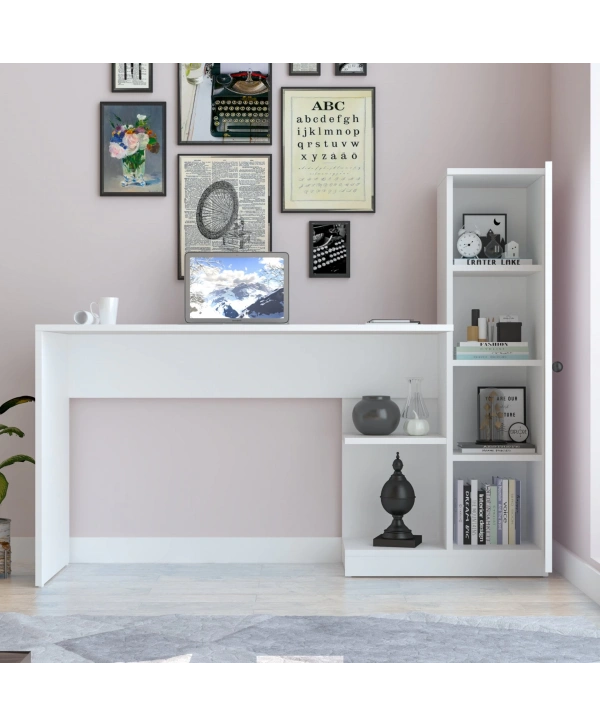 Melis Kitaplıklı Raflı Çok Amaçlı Çalışma Masası-Beyaz