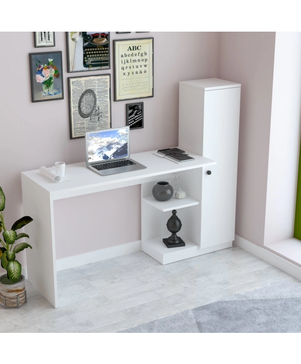 Melis Kitaplıklı Raflı Çok Amaçlı Çalışma Masası-Beyaz