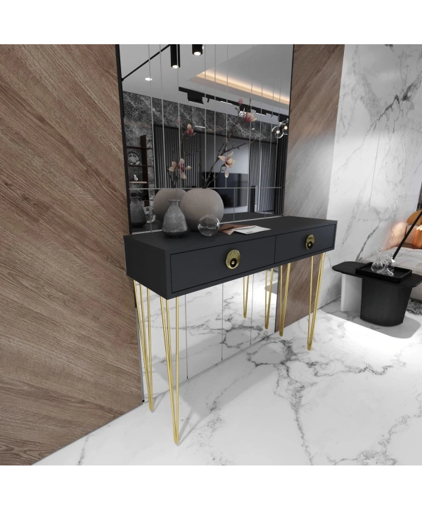 Naz 2 Çekmeceli Dekoratif Lüx Dresuar-Antrasit Gold