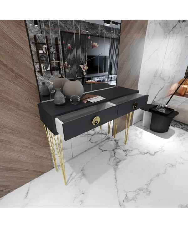 Naz 2 Çekmeceli Dekoratif Lüx Dresuar-Antrasit Gold