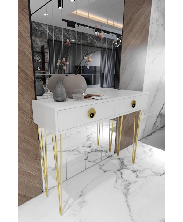 Naz 2 Çekmeceli Dekoratif Lüx Dresuar-beyaz gold