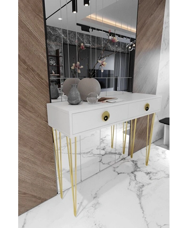 Naz 2 Çekmeceli Dekoratif Lüx Dresuar-beyaz gold