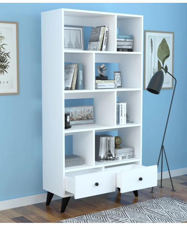 Nida 8 Raflı 2 Çekmeceli Lüx Dekoratif Kitaplık -Beyaz