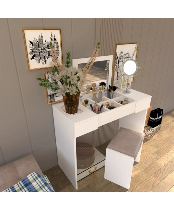 Özlem Aynalı Çekmeceli Lüx Makyaj Masası-beyaz