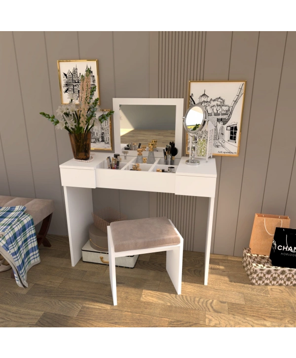 Özlem Aynalı Çekmeceli Lüx Makyaj Masası-beyaz