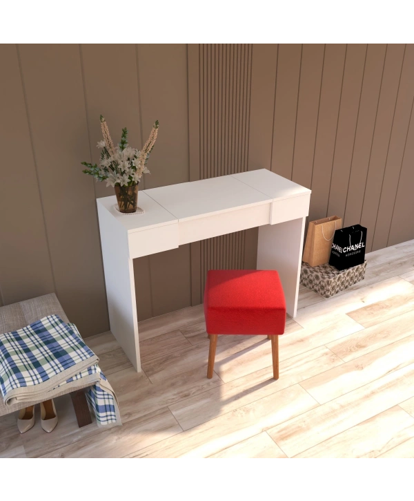 Pınar Aynalı Puflu Çekmeceli Lüx Makyaj Masası-Beyaz