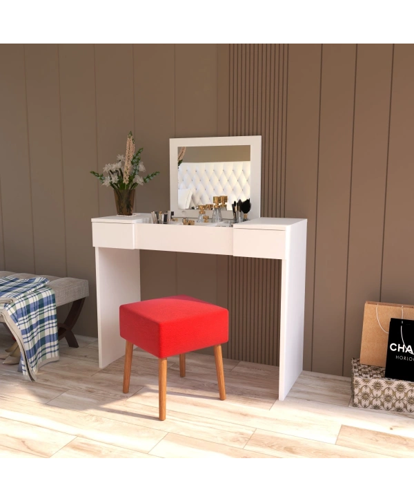 Pınar Aynalı Puflu Çekmeceli Lüx Makyaj Masası-Beyaz