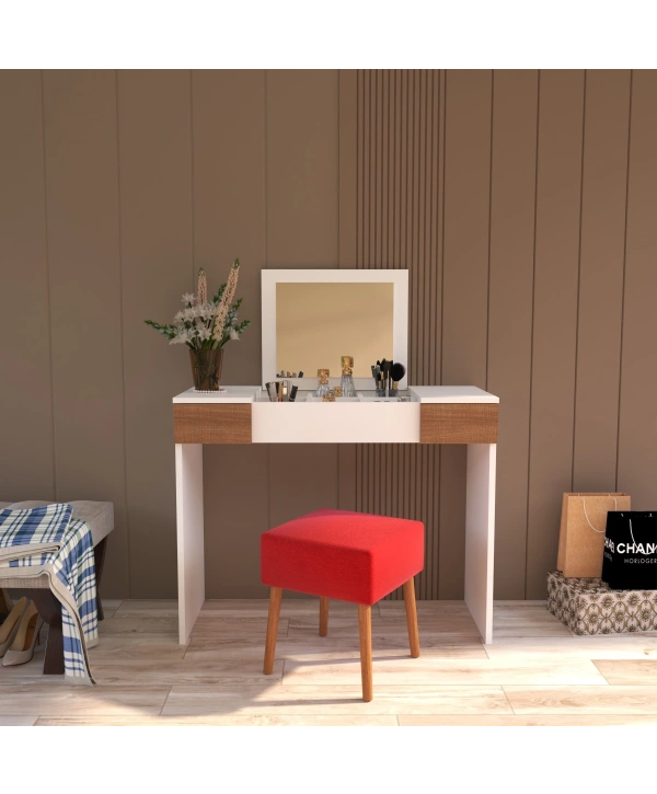 Pınar Aynalı Puflu Çekmeceli Lüx Makyaj Masası-Beyaz Meşe