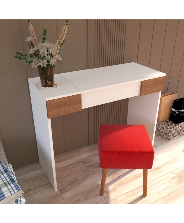 Pınar Aynalı Puflu Çekmeceli Lüx Makyaj Masası-Beyaz Meşe