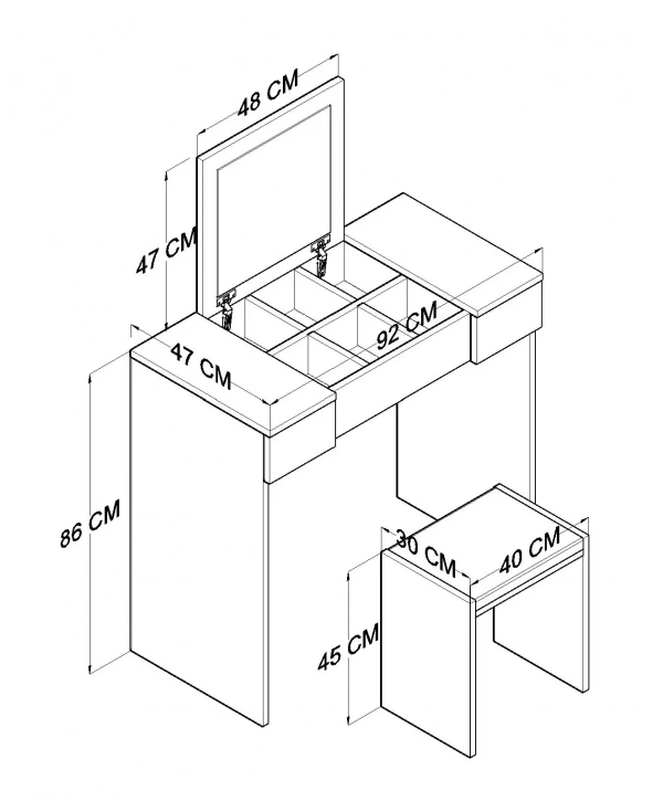 Pınar Aynalı Puflu Çekmeceli Lüx Makyaj Masası-Beyaz Meşe