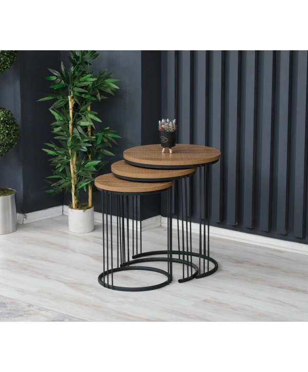 Sanem 3lü Metal - Ahşap Zigon Sehpa-meşe