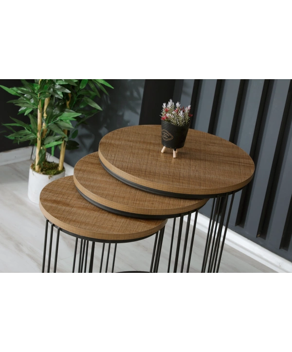 Sanem 3lü Metal - Ahşap Zigon Sehpa-meşe