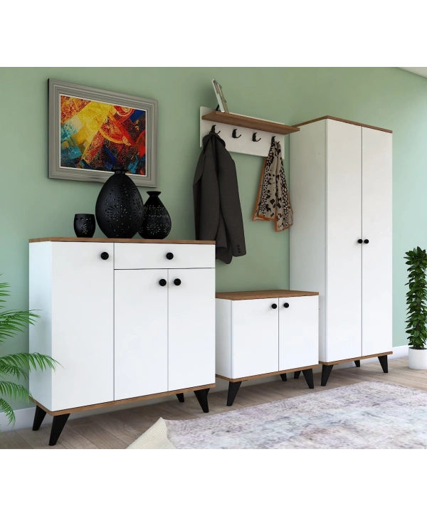 Selen Lüx Vestiyer Portmanto Askılıklı Ayakkabılık Takımı-Beyaz Meşe