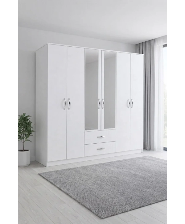 Sezar 6 Kapaklı Aynalı Gardırop-Beyaz