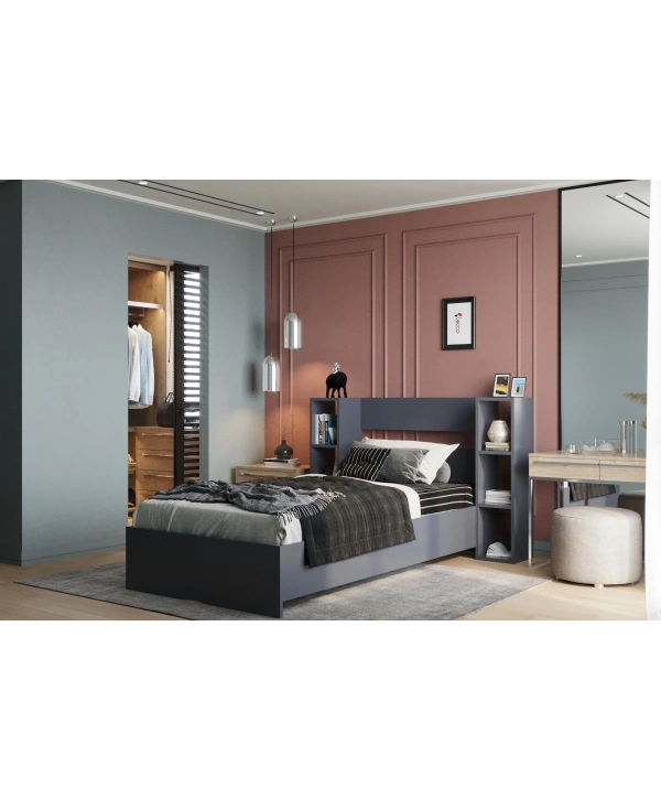 Smart Antrasit Lüx Kitaplıklı Tek Kişilik Karyola Antrasit Gri