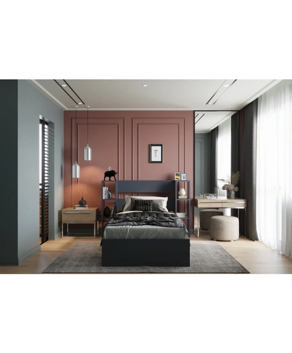 Smart Antrasit Lüx Kitaplıklı Tek Kişilik Karyola Antrasit Gri