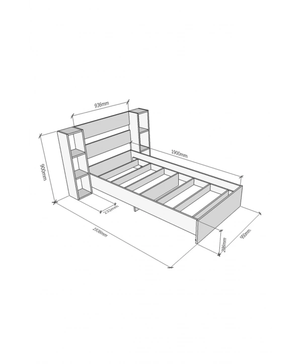 Smart Antrasit Lüx Kitaplıklı Tek Kişilik Karyola Antrasit Gri