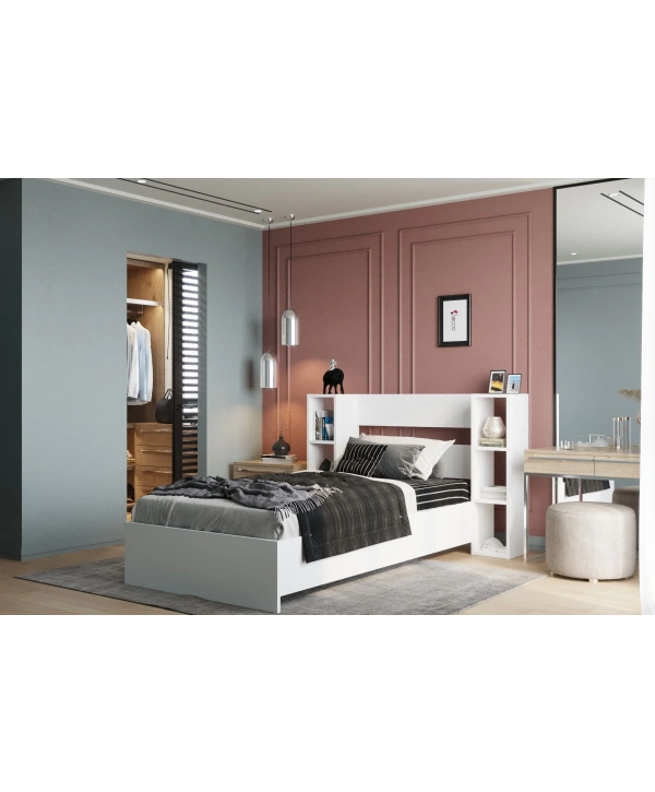 Smart Lüx Kitaplıklı Tek Kişilik Karyola-Beyaz