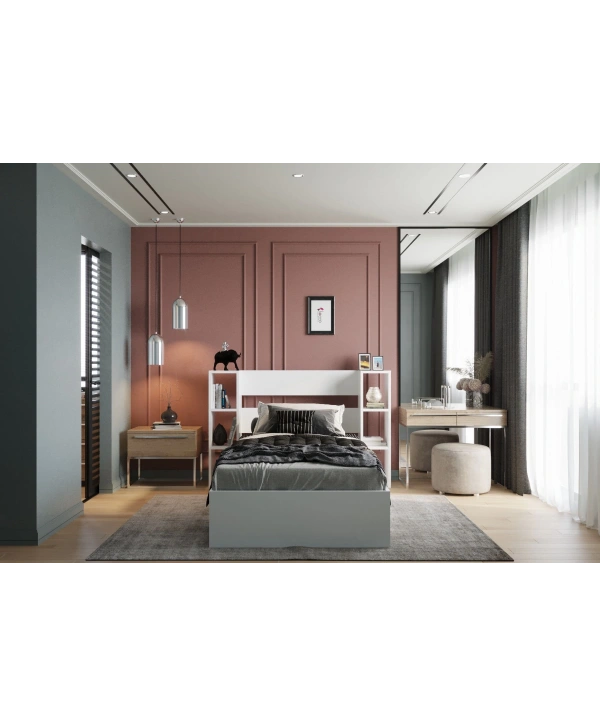 Smart Lüx Kitaplıklı Tek Kişilik Karyola-Beyaz